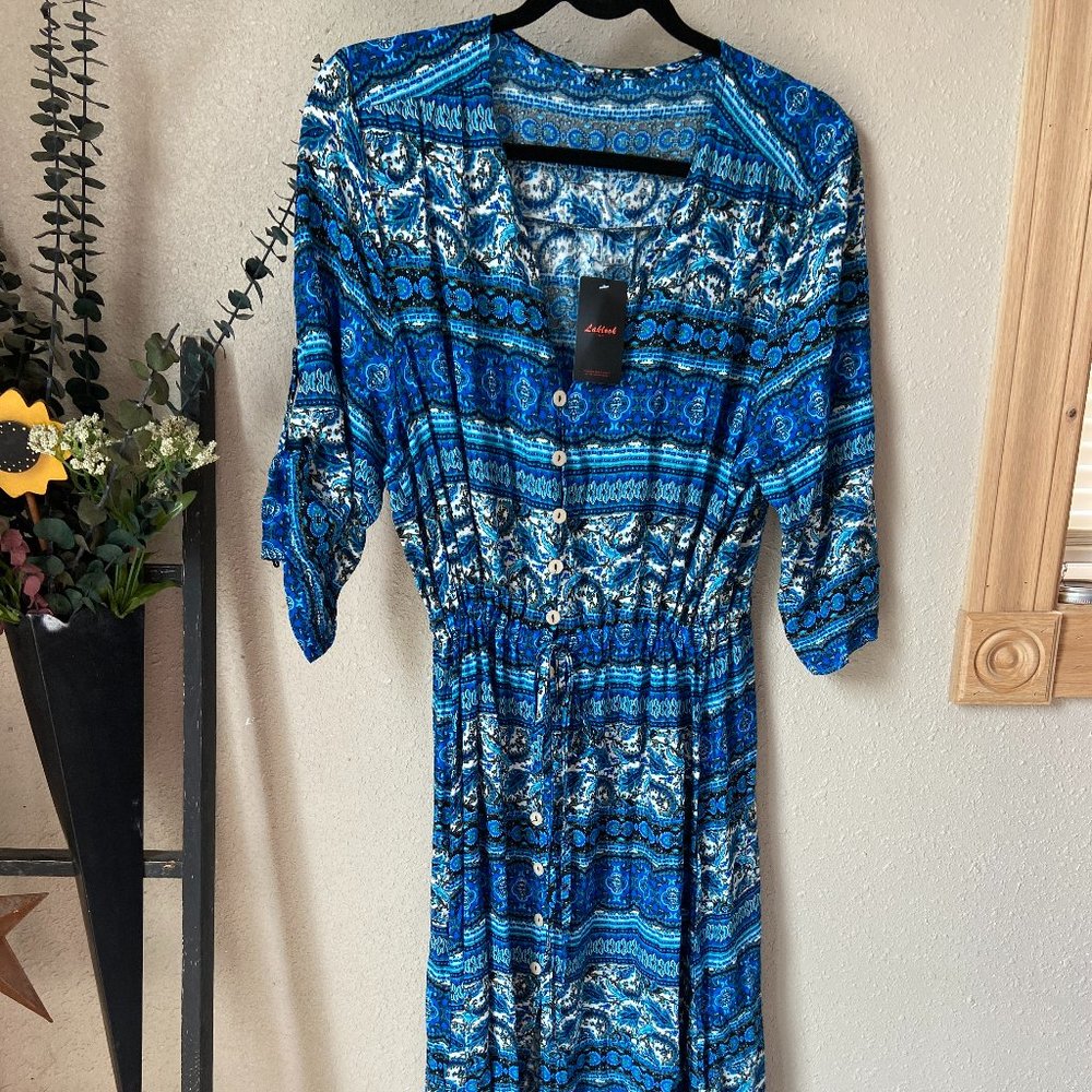 NWT Laklook Boho Blue Button-up Dress XL